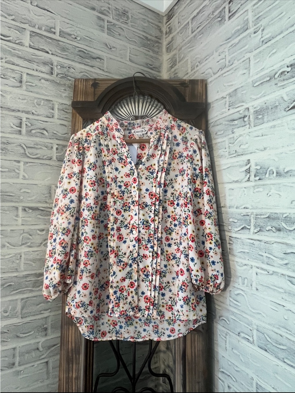 Floral Button-Front Women’s Blouse - Cream with Multicolor Floral Print
